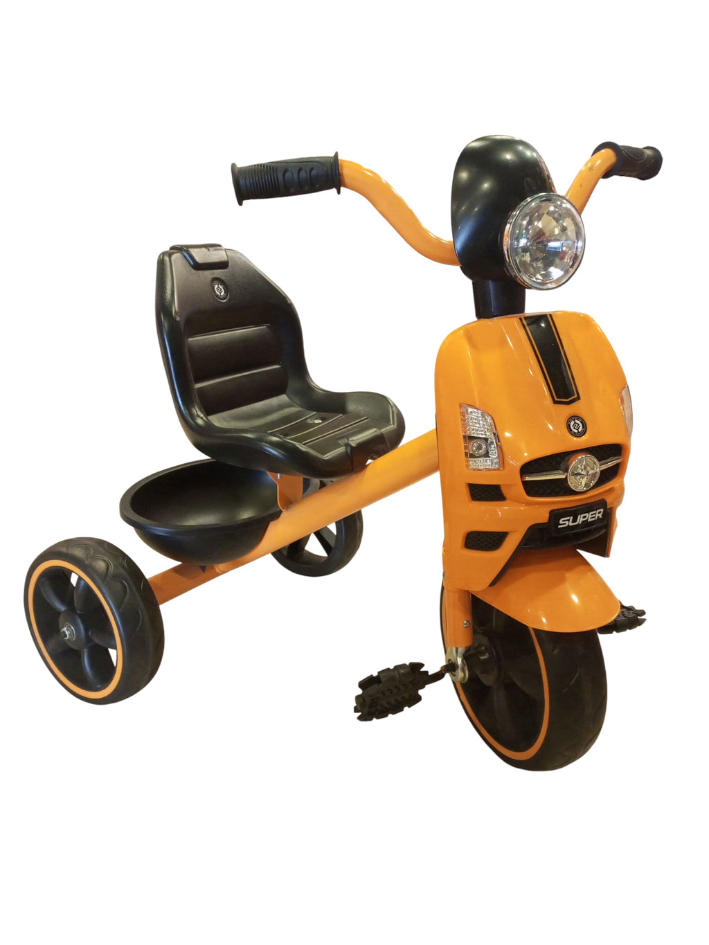 Classic Kids' Pedal Tricycle with Headlight & Storage (Vibrant Orange)