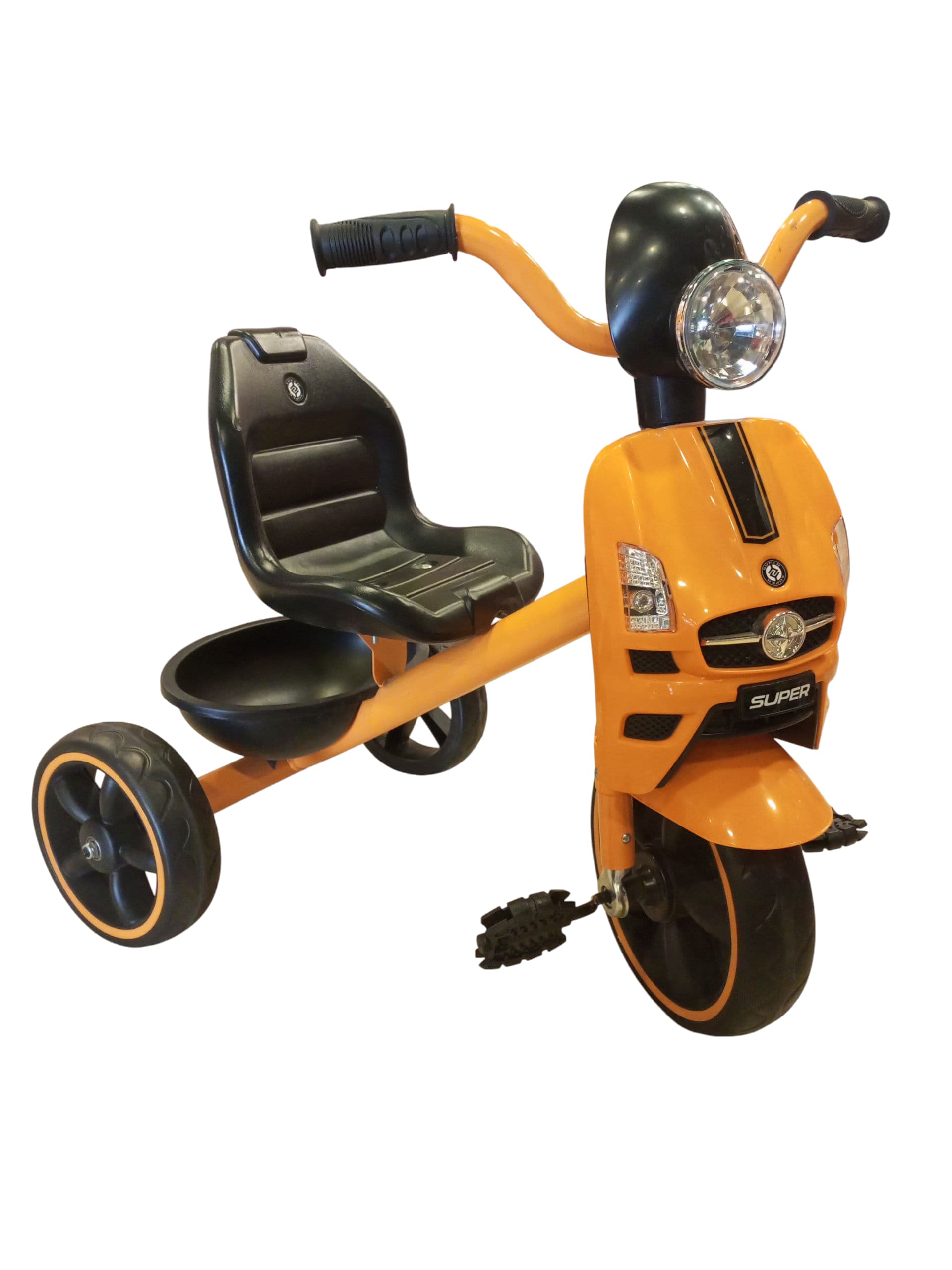 Classic Kids' Pedal Tricycle with Headlight & Storage (Vibrant Orange)