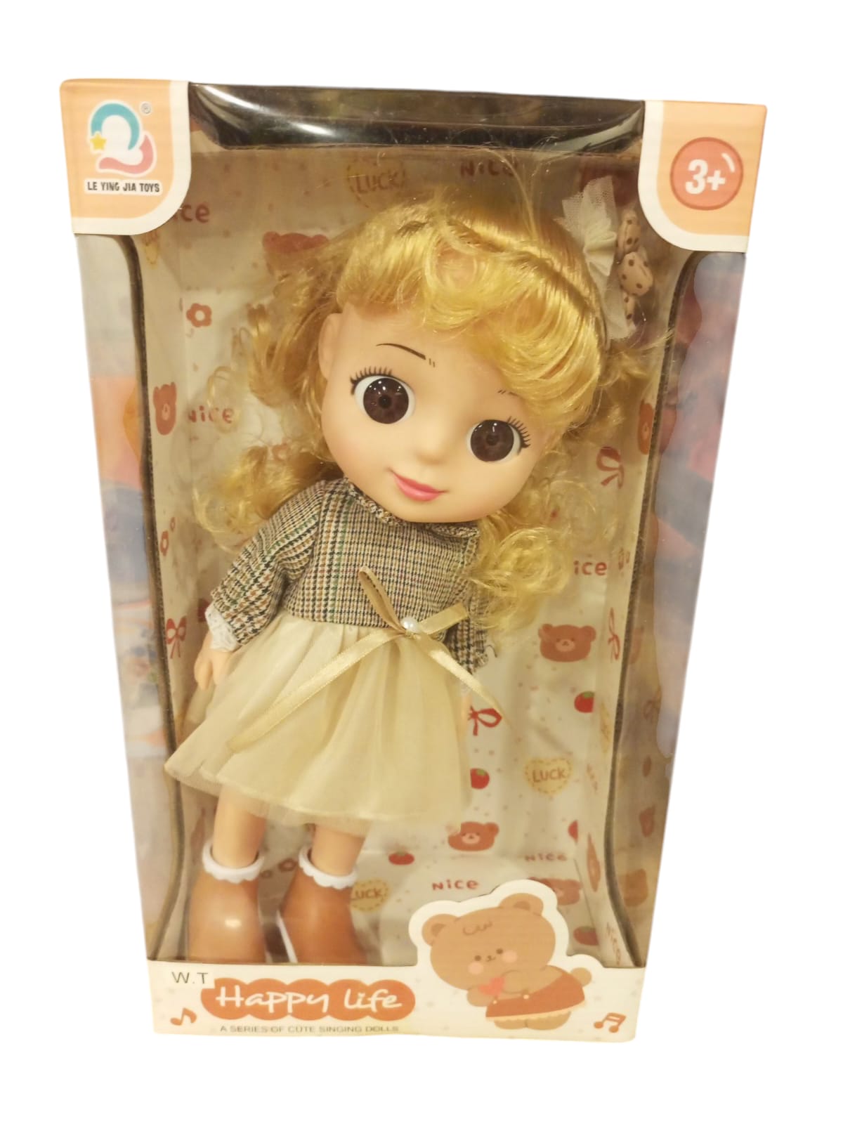 "Happy Life" Charming Blonde Baby Doll with Plaid Dress (3+ Ages)