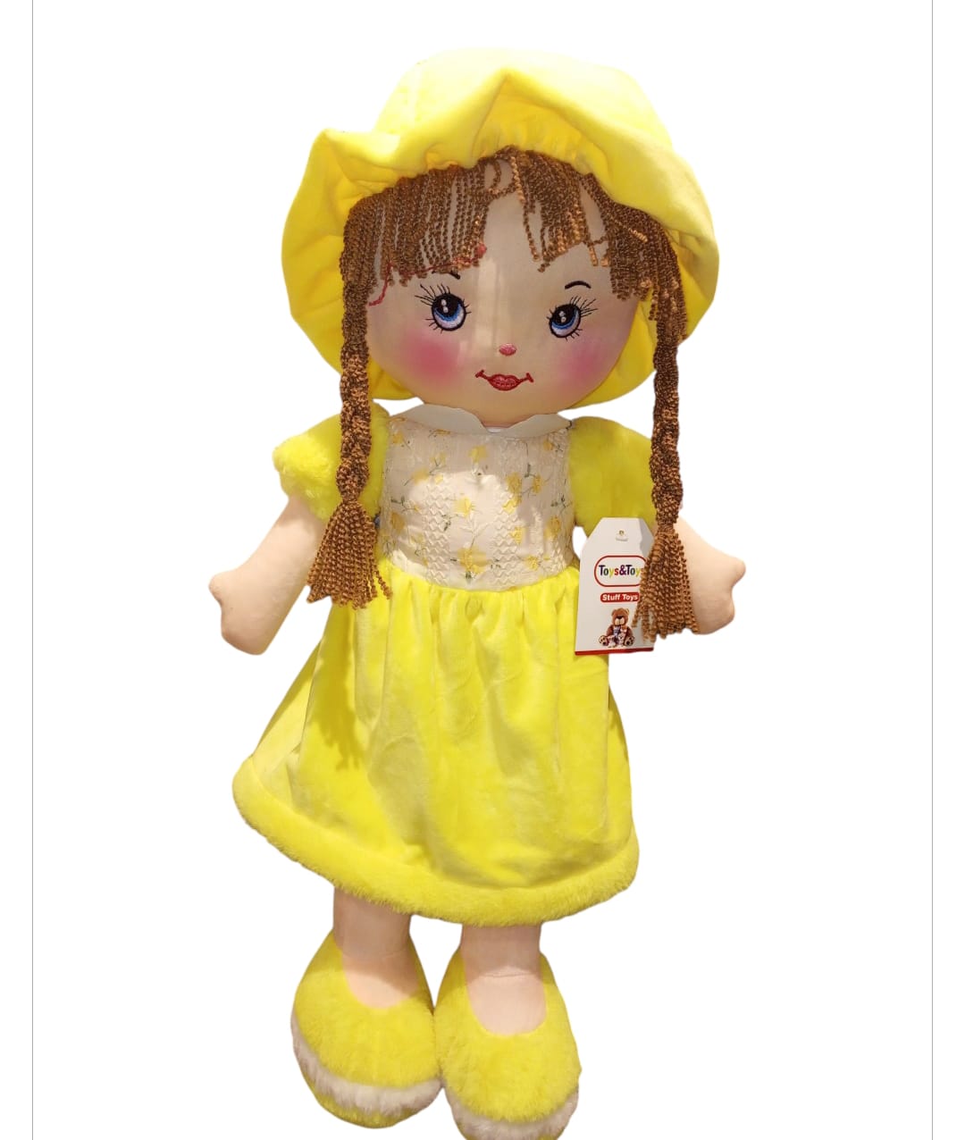 Adorable Large Plush Rag Doll with Braids & Sunny Yellow Dress