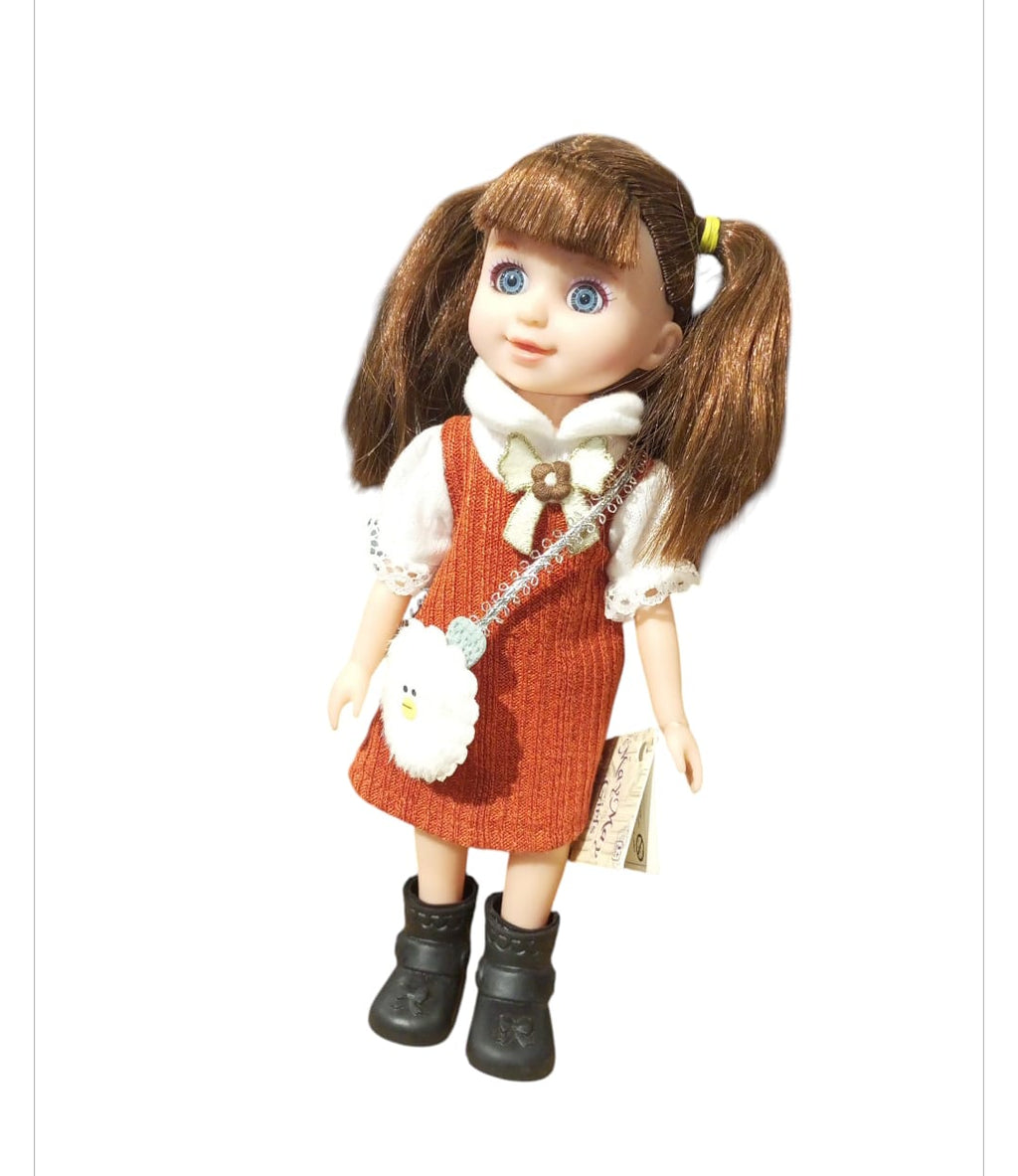 Cute Porcelain/Plastic Doll with Pigtails and Orange Dress