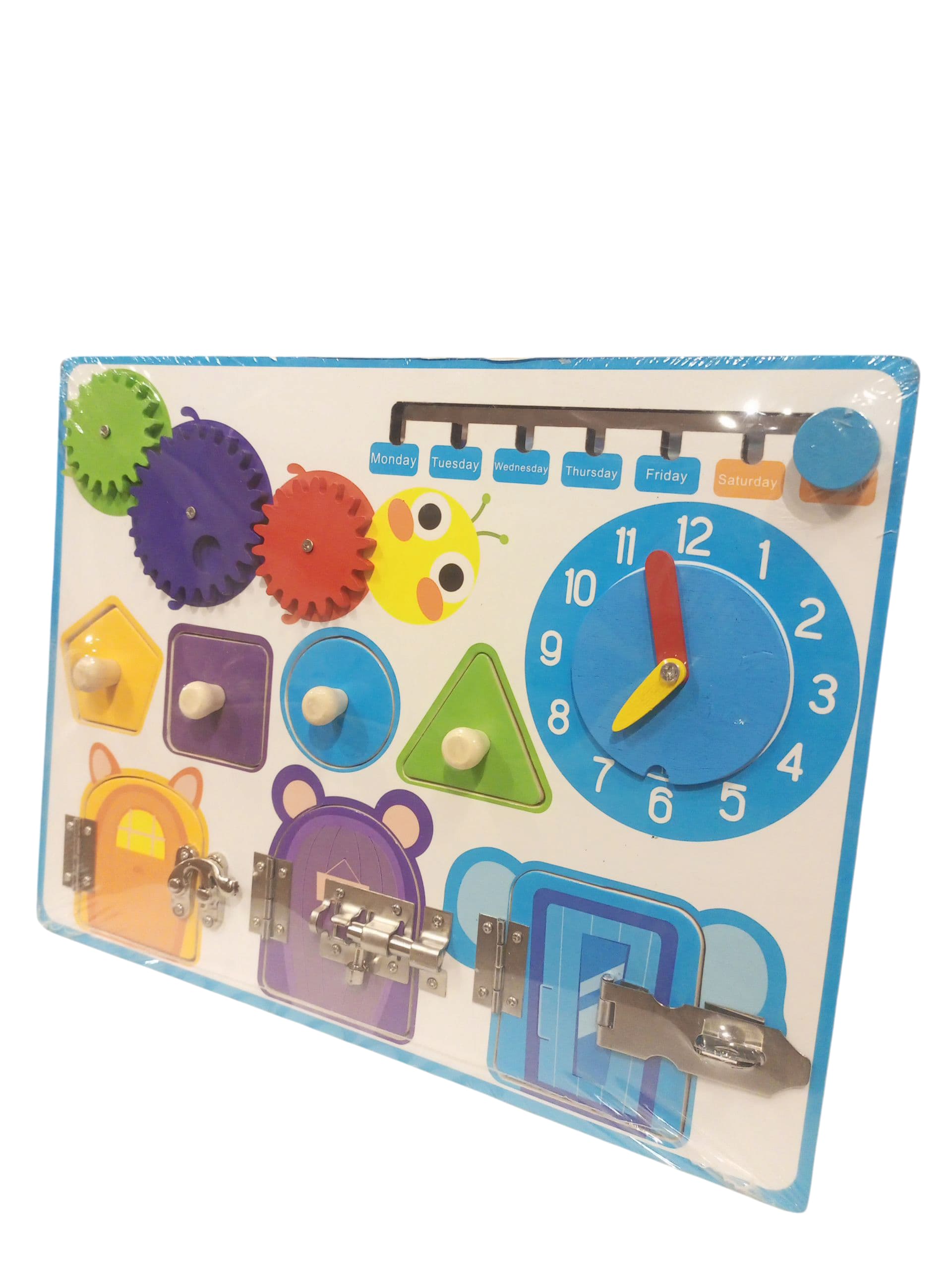 Wooden Busy Board with Clock, Gears, Shapes, and Latches