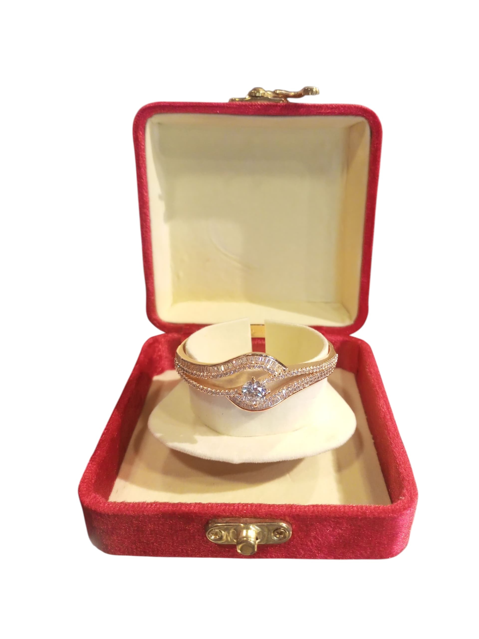 Gold-Toned Bangle Bracelet with Baguette and Round Zirconia Stones