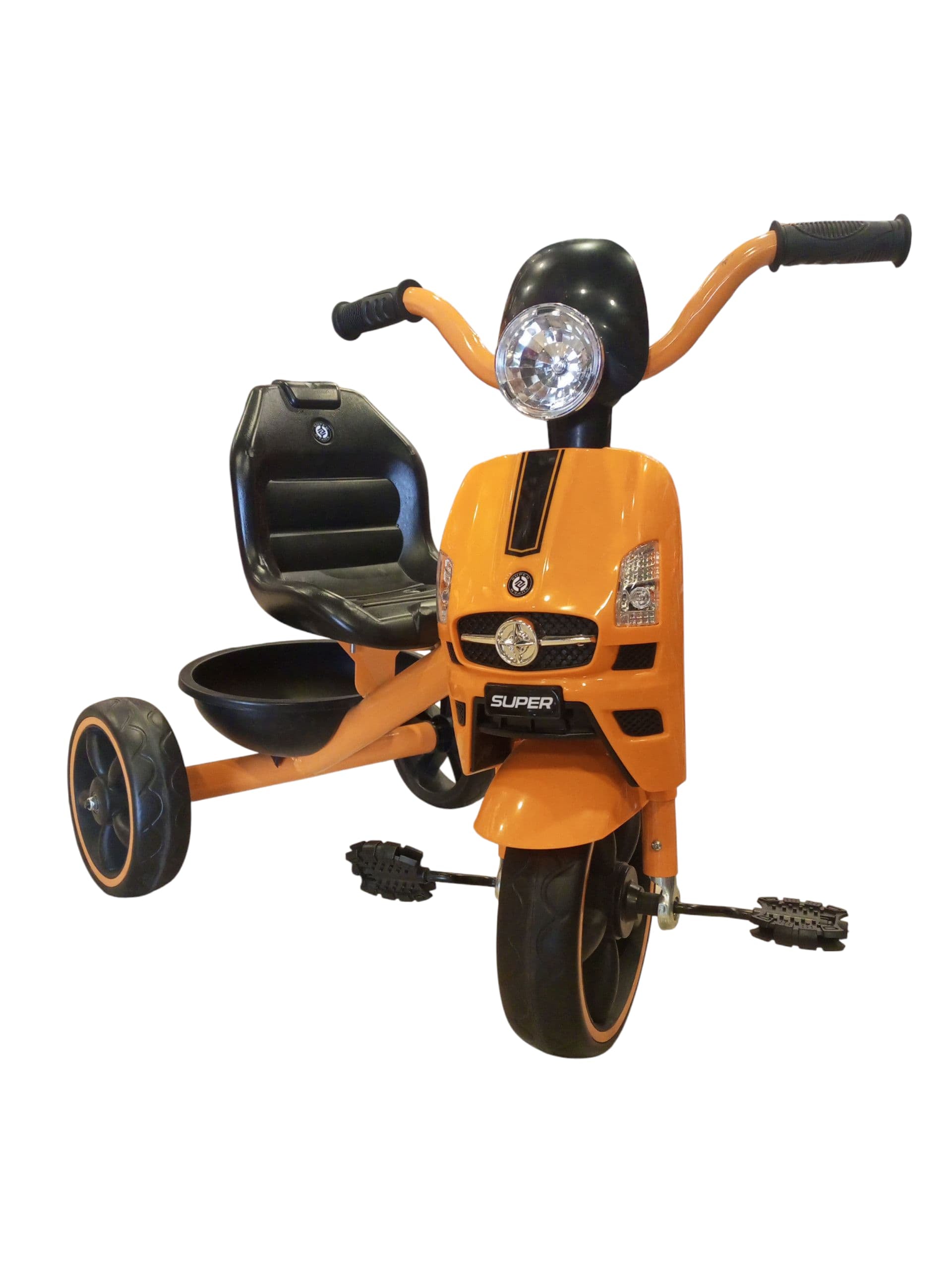 Classic Kids' Pedal Tricycle with Headlight & Storage (Vibrant Orange)