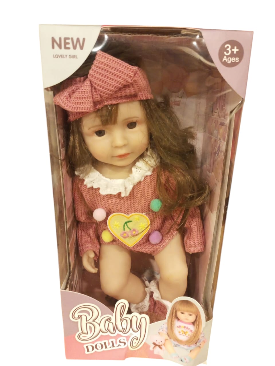 Adorable "Lovely Girl" Baby Doll with Pink Knit Outfit & Bow