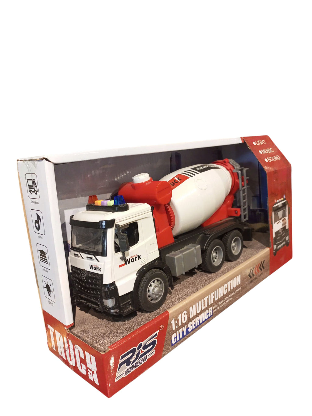 RIS Multifunction City Service Cement Mixer Truck Toy with Lights, Music & Sound - 1:16 Scale