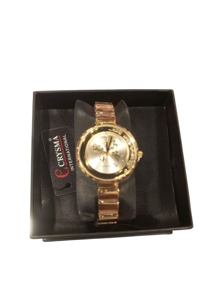 Gold-Toned Crysm International Watch with Crystal Bezel and Floating Charms