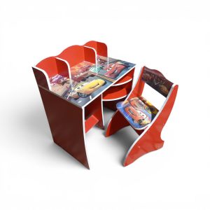 Kids Wooden Disney Cars Study Desk & Chair Set with Storage Hutch & Under-Desk Shelves