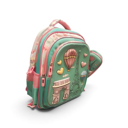 Paris Theme 3D Embossed Kids School Backpack – Mint Green & Pink Daypack with Pencil Case